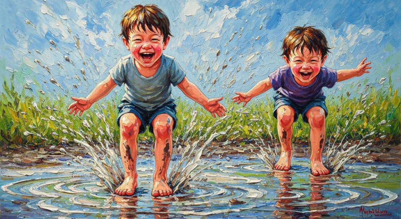 Children Playing in Mud, Gouache Impressionist Style
