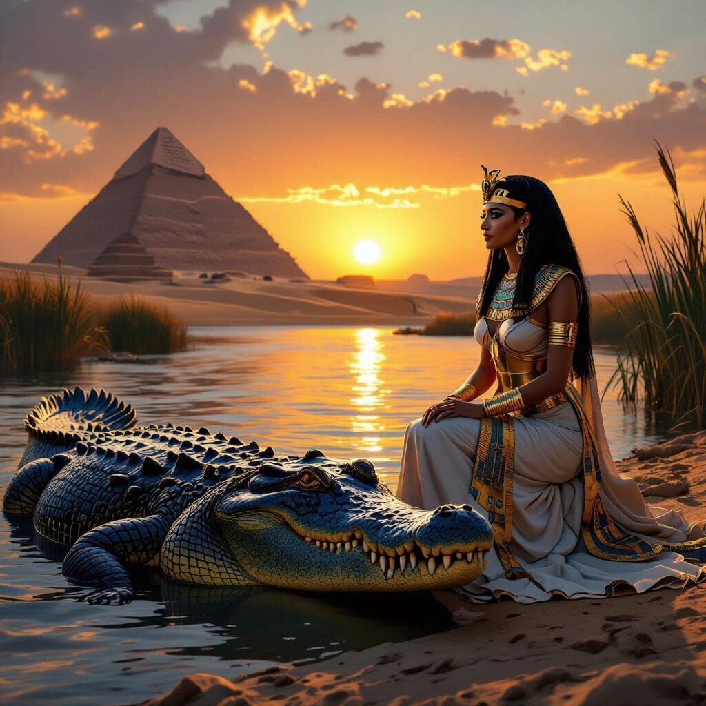 Egyptian Queen with Crocodile Beside Nile River at Sunset