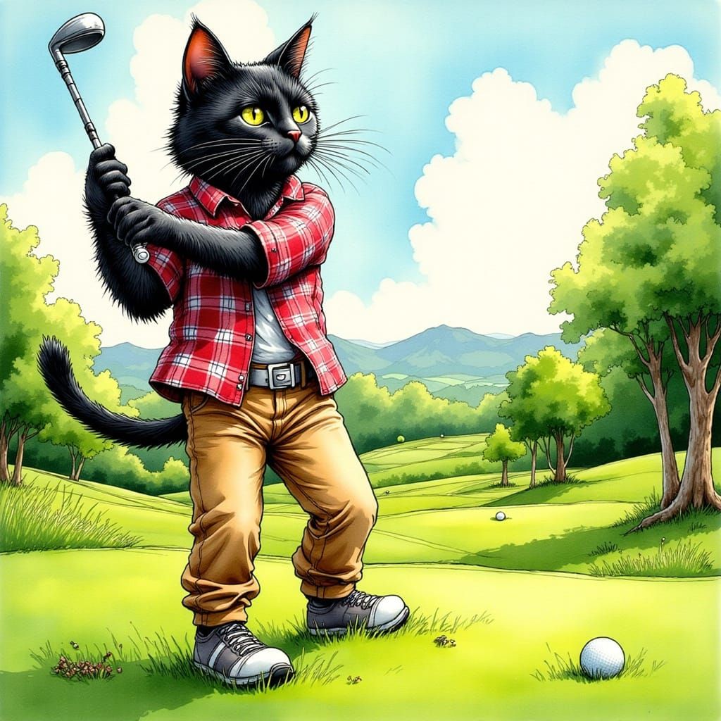 Golfing Tuxedo Cat in Detailed Illustration Style