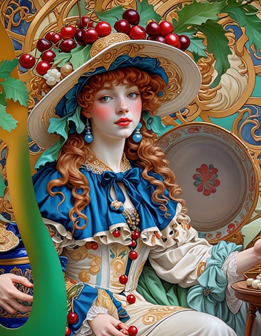 Art Nouveau Woman with Cherries Portrait