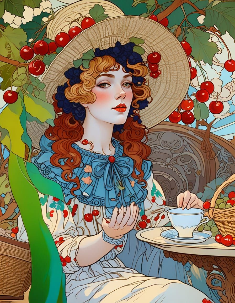 Art Nouveau Woman with Cherries and Golden Light