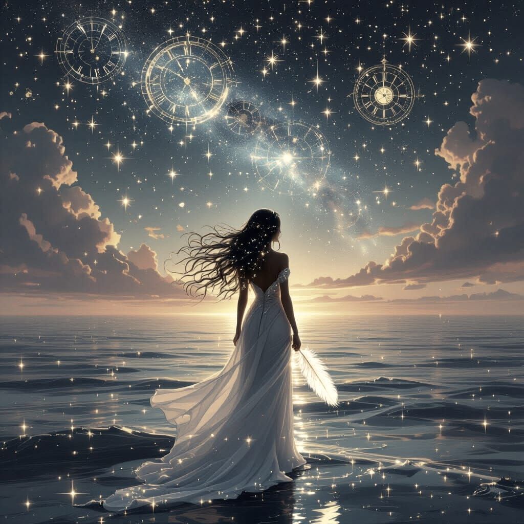 Woman with Starlit Hair by Mirrored Ocean and Clockwork Sky