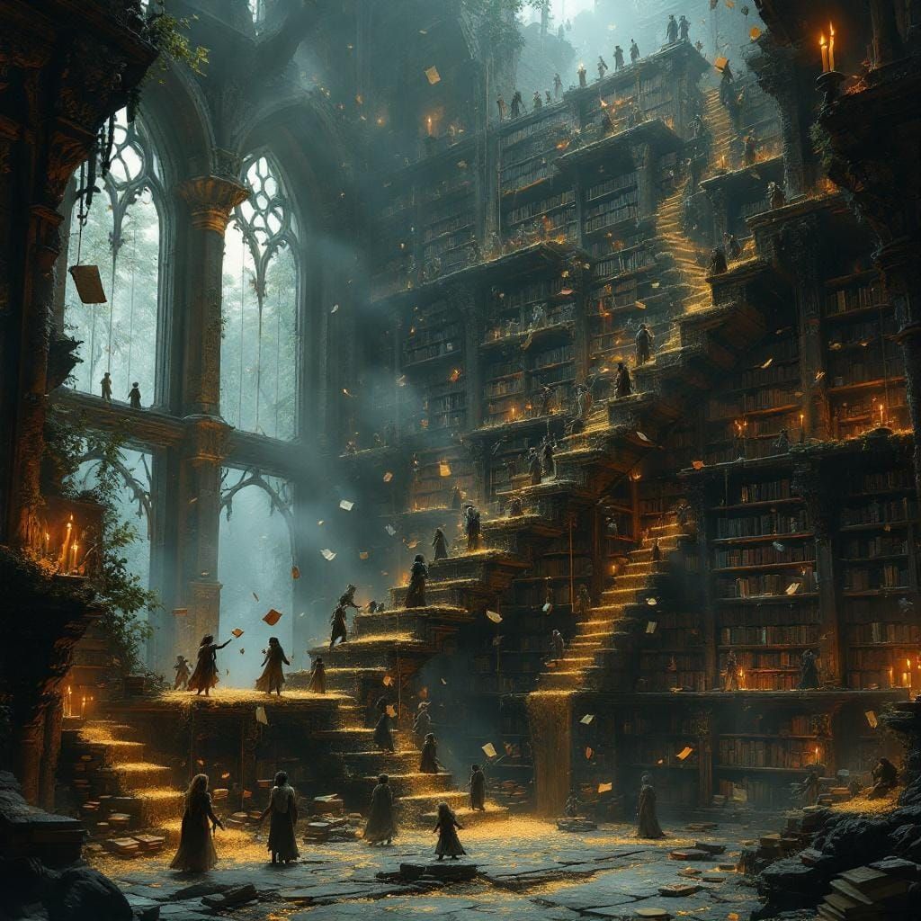 Magical Bookshelf in Crumbling Castle Chamber