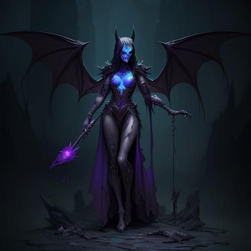 Woman Lich with Bat Wings in Detailed Matte Painting