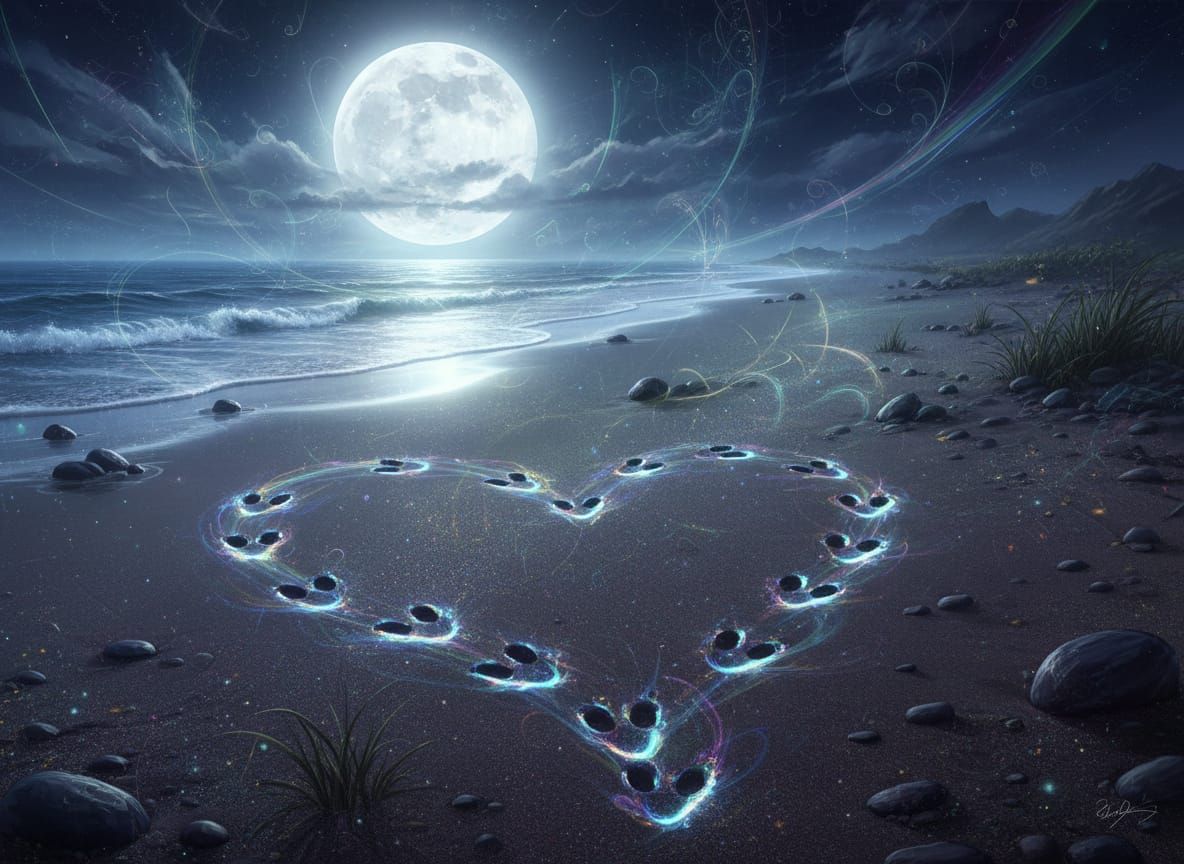 Bioluminescent Rabbit Tracks Form Heart on Moonlit Beach