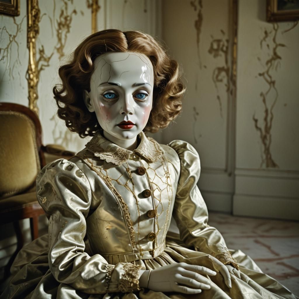 Eerie Doll in Surrealist Parlor: Oil Painting