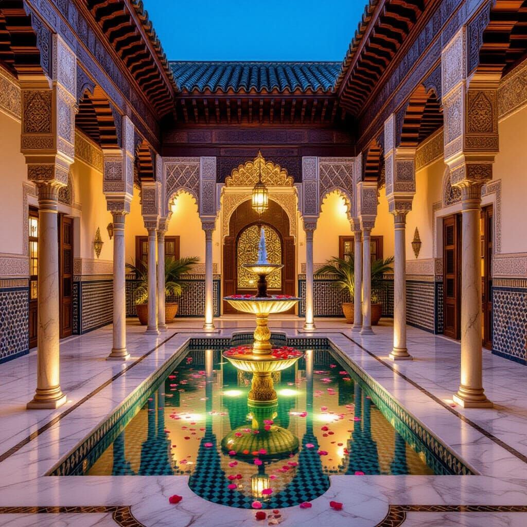 Andalusian Courtyard at Night in Moorish Revival Style