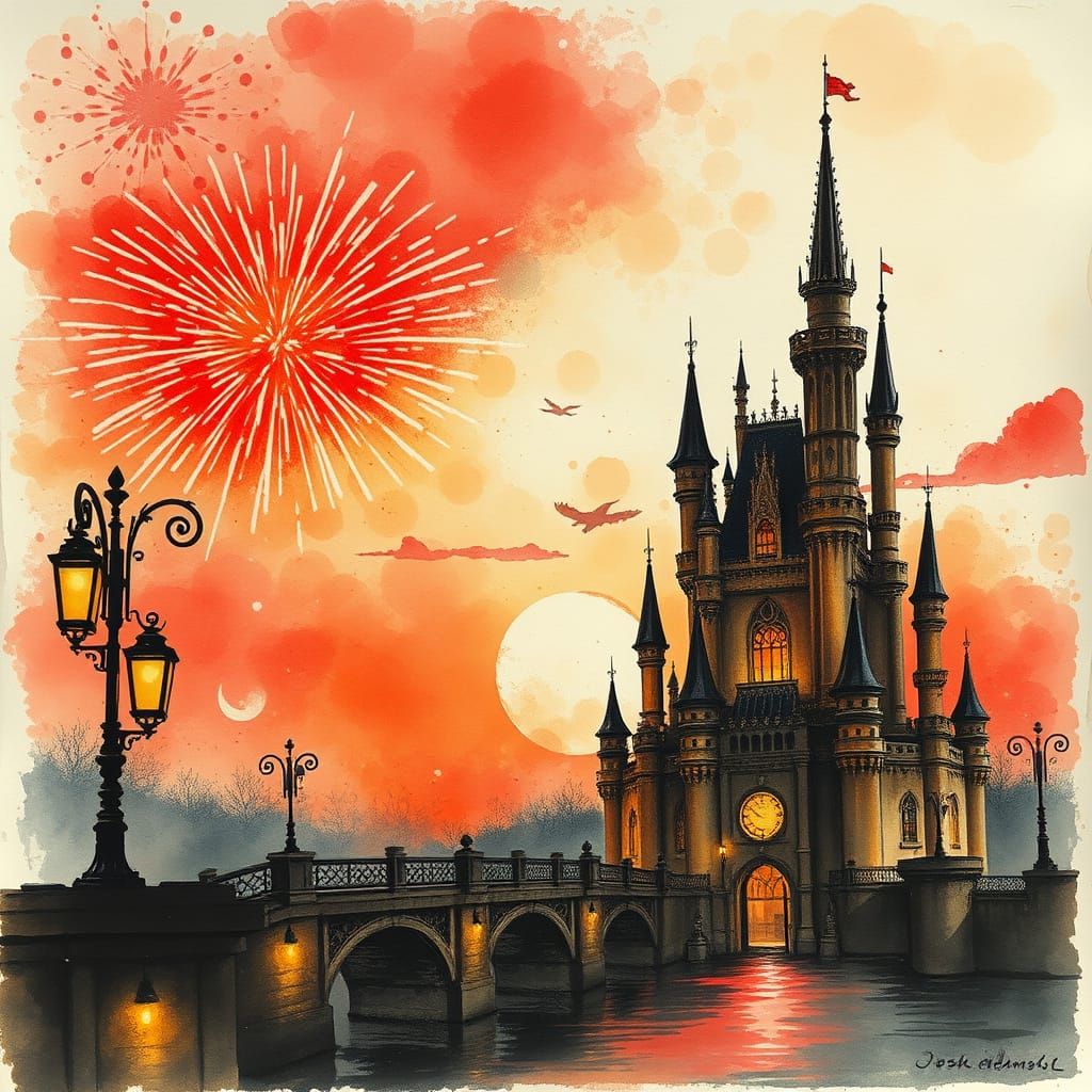 Steampunk Castle at Sunset with Fireworks