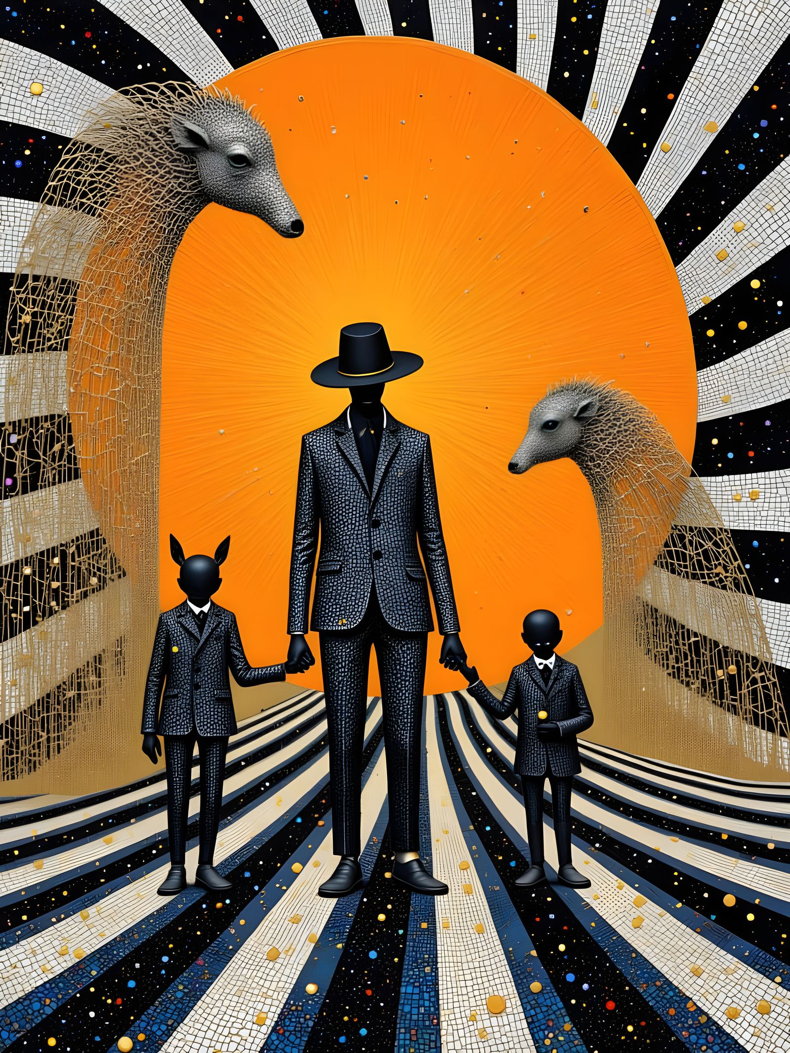 Family's Wild Walk in Surreal, Paint-Like Style