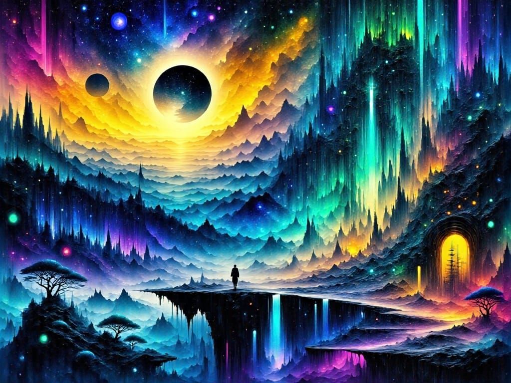 Bioluminescent Cityscape Disappearing into Event Horizon