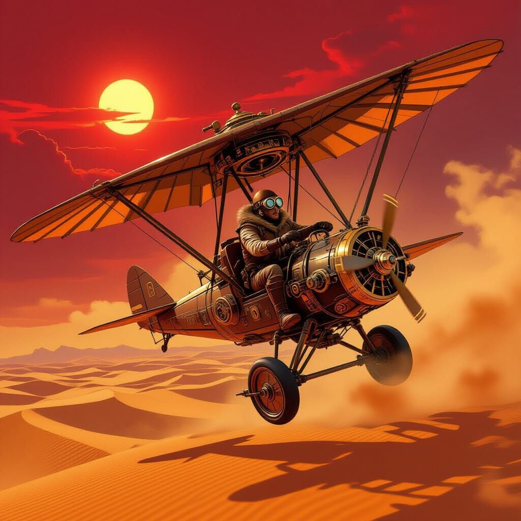 Steampunk Ornithopter Soaring Through Crimson Desert Sky