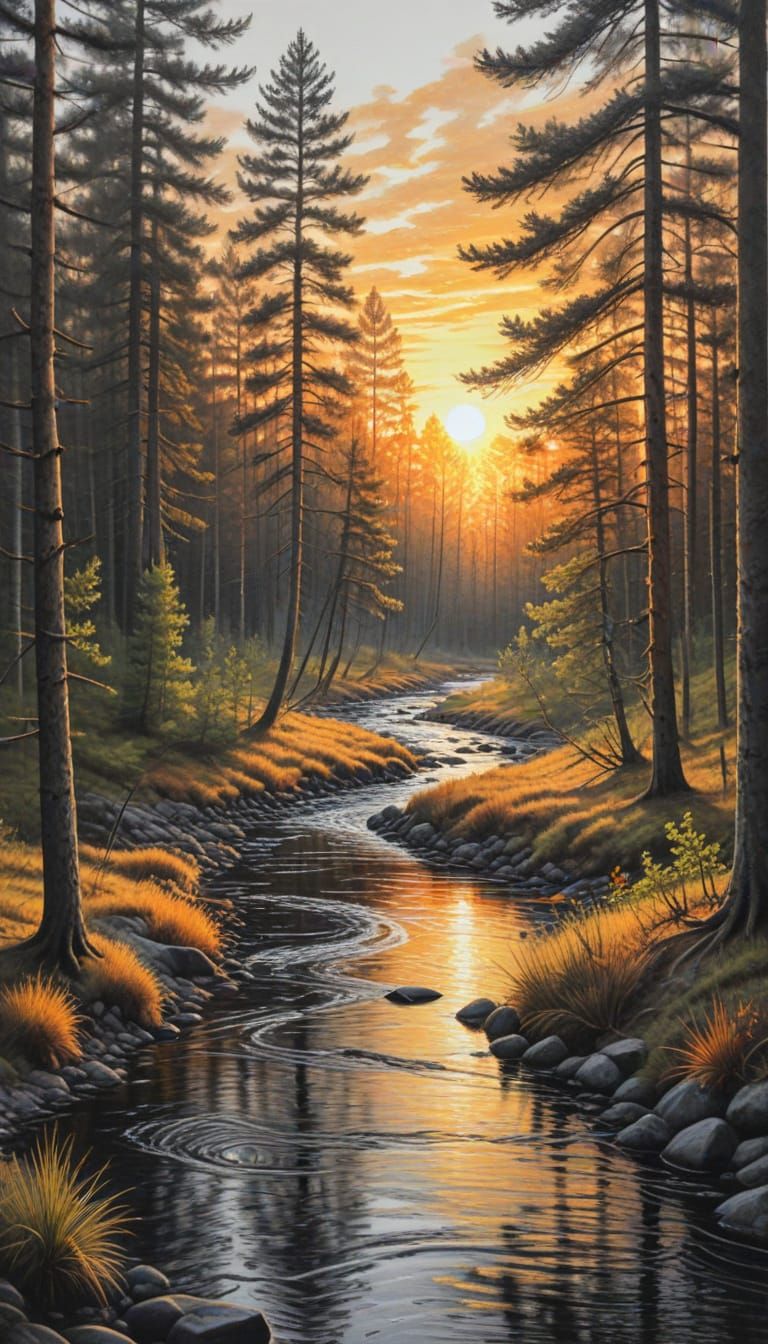 Vibrant Sunset Forest Scene in Hyperdetailed Charcoal Style
