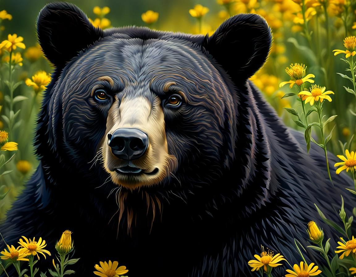 Black Bear with Yellow Eyes and Wildflowers