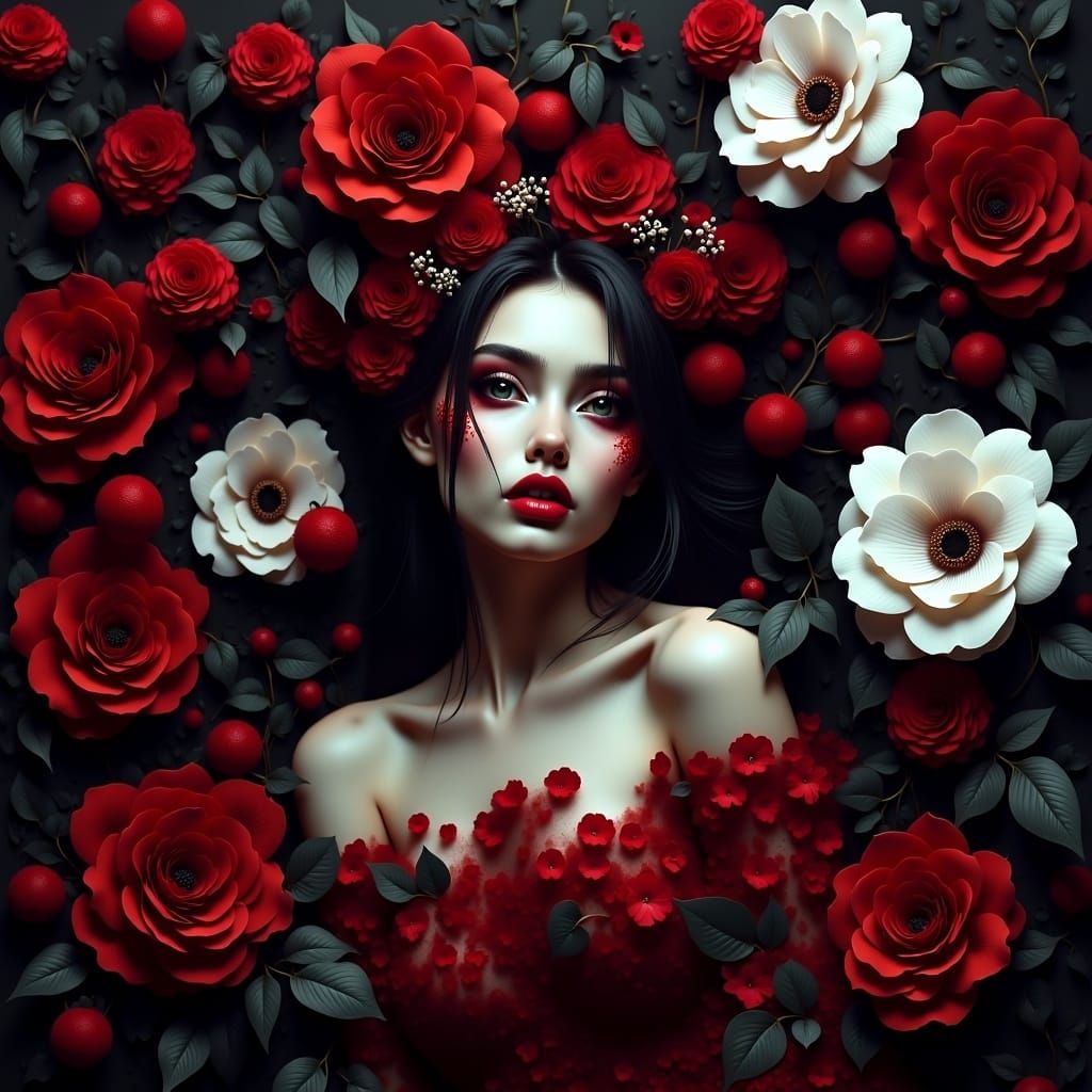 Macabre Red and White Roses in Dark Garden