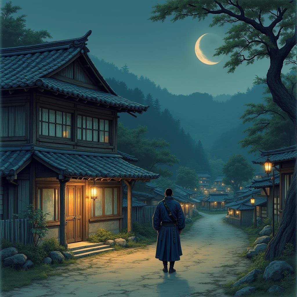 Stealthy Ninja Stands Guard in Front of Rustic Japanese Inn