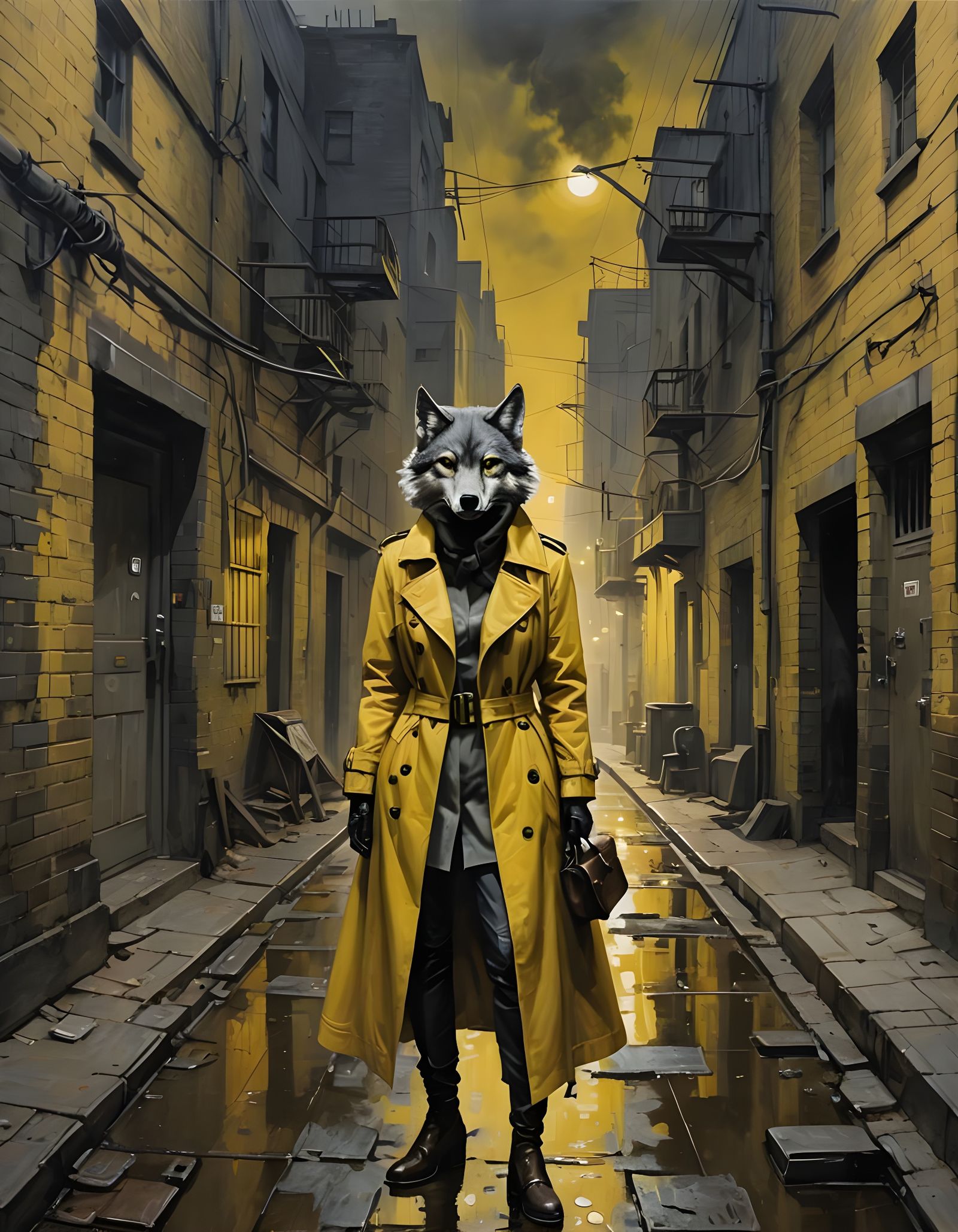 Soviet Brutalist Wolf-Girl in Yellow Haze