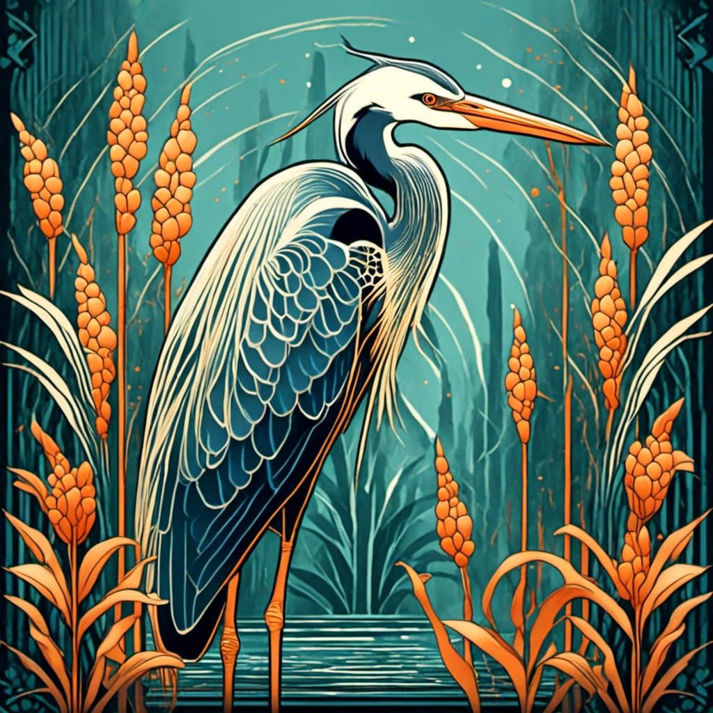 Art Nouveau Heron and Bulrushes Illustration