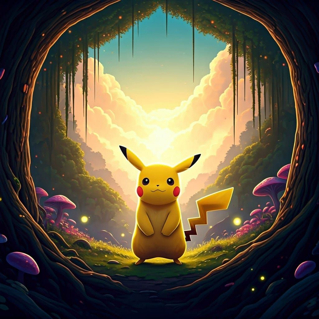 Electric Hero Pikachu in a Whimsical Forest Sunset