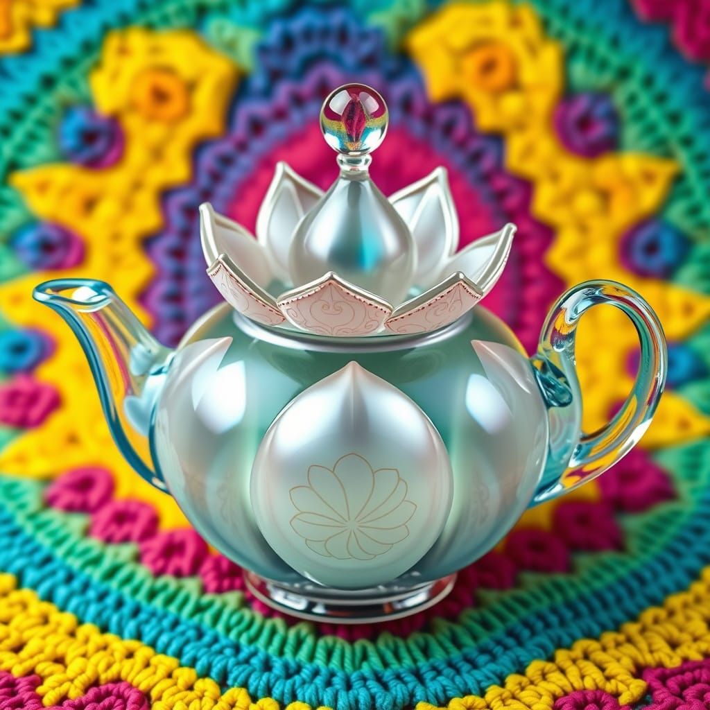 Iridescent Glass Lotus Teapot with Crocheted Backdrop