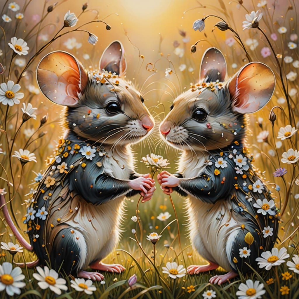 Mice Wedding in Floral Meadow: Airbrush Art Portrait