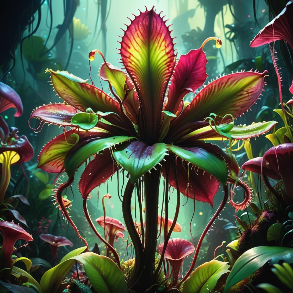Lush Jungle with Bioluminescent Carnivorous Plants