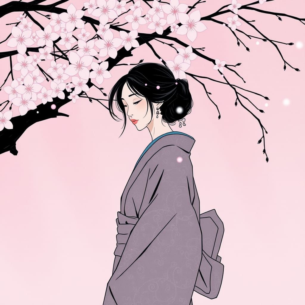 Sakura Serenity: Ukiyo-e Inspired Woman Under Cherry Tree