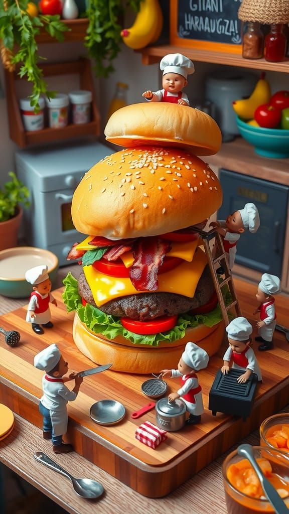Miniature Chefs Create a Giant Hamburger in a Whimsical Kitc...