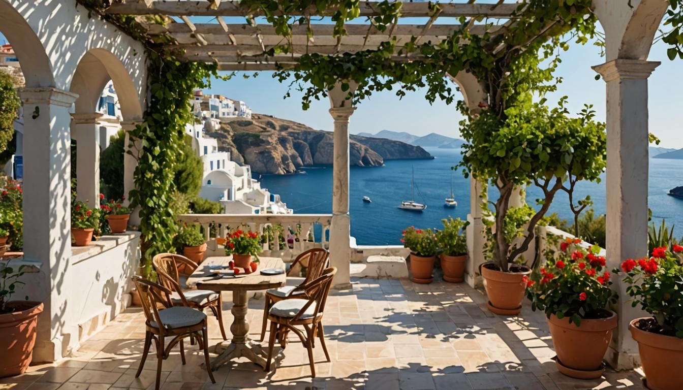 Mediterranean Veranda with Seaside Village View