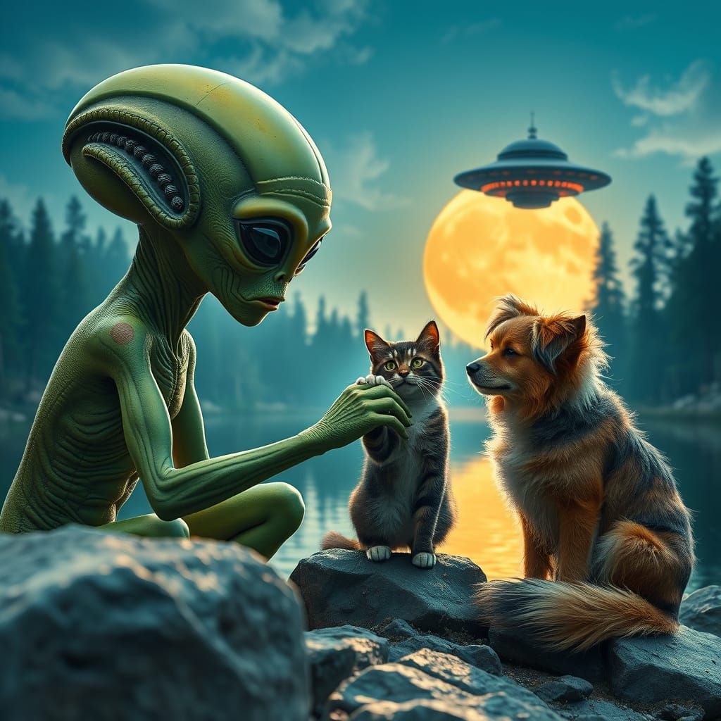 Alien First Contact with Cat and Dog