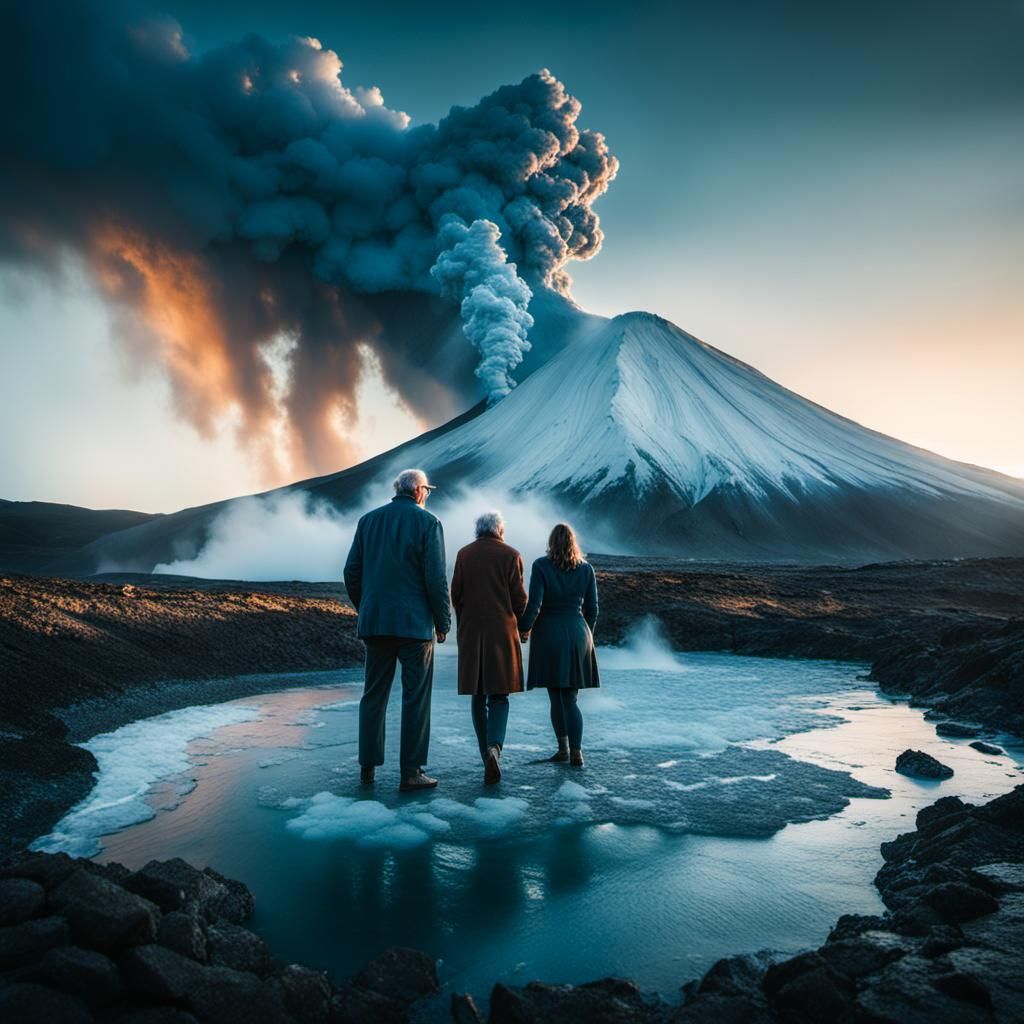 Breathtaking Volcanic Landscape with Old Man and Woman in Ic...