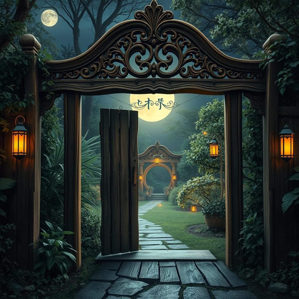 Moonlit Garden Gate in Dreamy Mystical Style