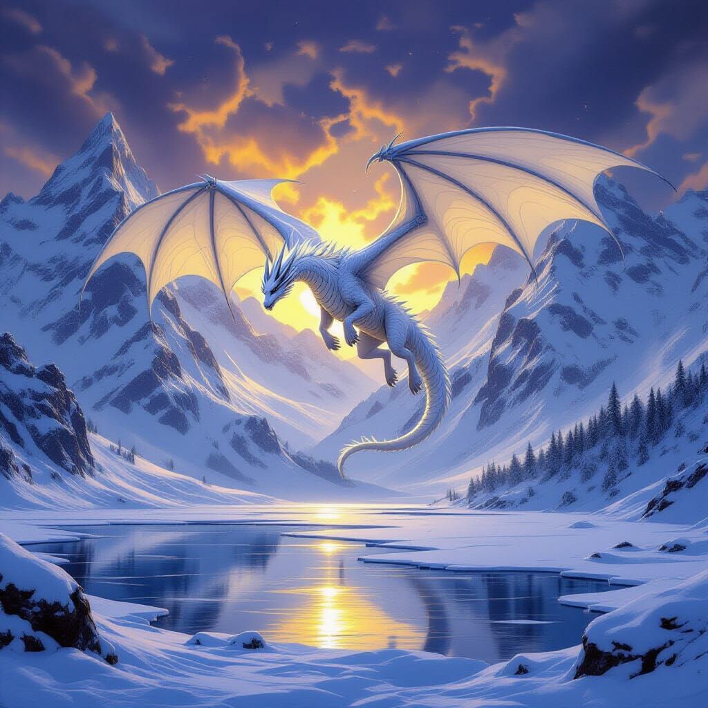 White Dragon Soaring Over Snowy Peaks in Dark Fantasy Art