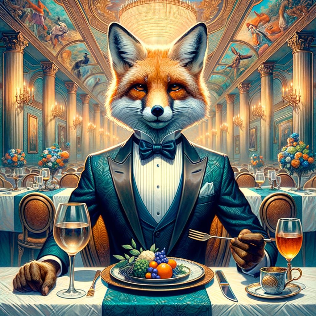 Elegant Fox in Tuxedo at Lavish Dinner Party