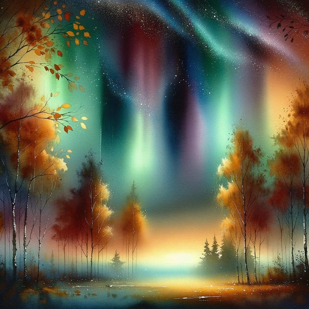 A tranquil night scene painted in watercolor — autumn trees ...