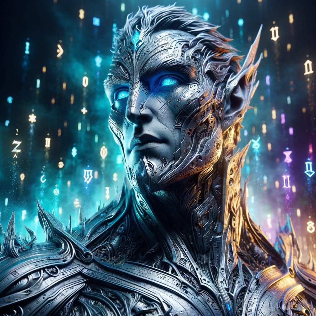 Cyberorganic Warforged in Lustrous Iron, Illuminated by Anci...