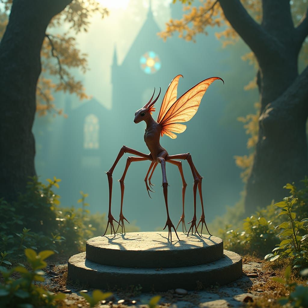 Six-Legged Creature Ascends Podium on Misty Morning