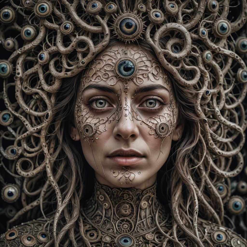 Hyperrealistic Portrait of a Multi-Eyed Woman