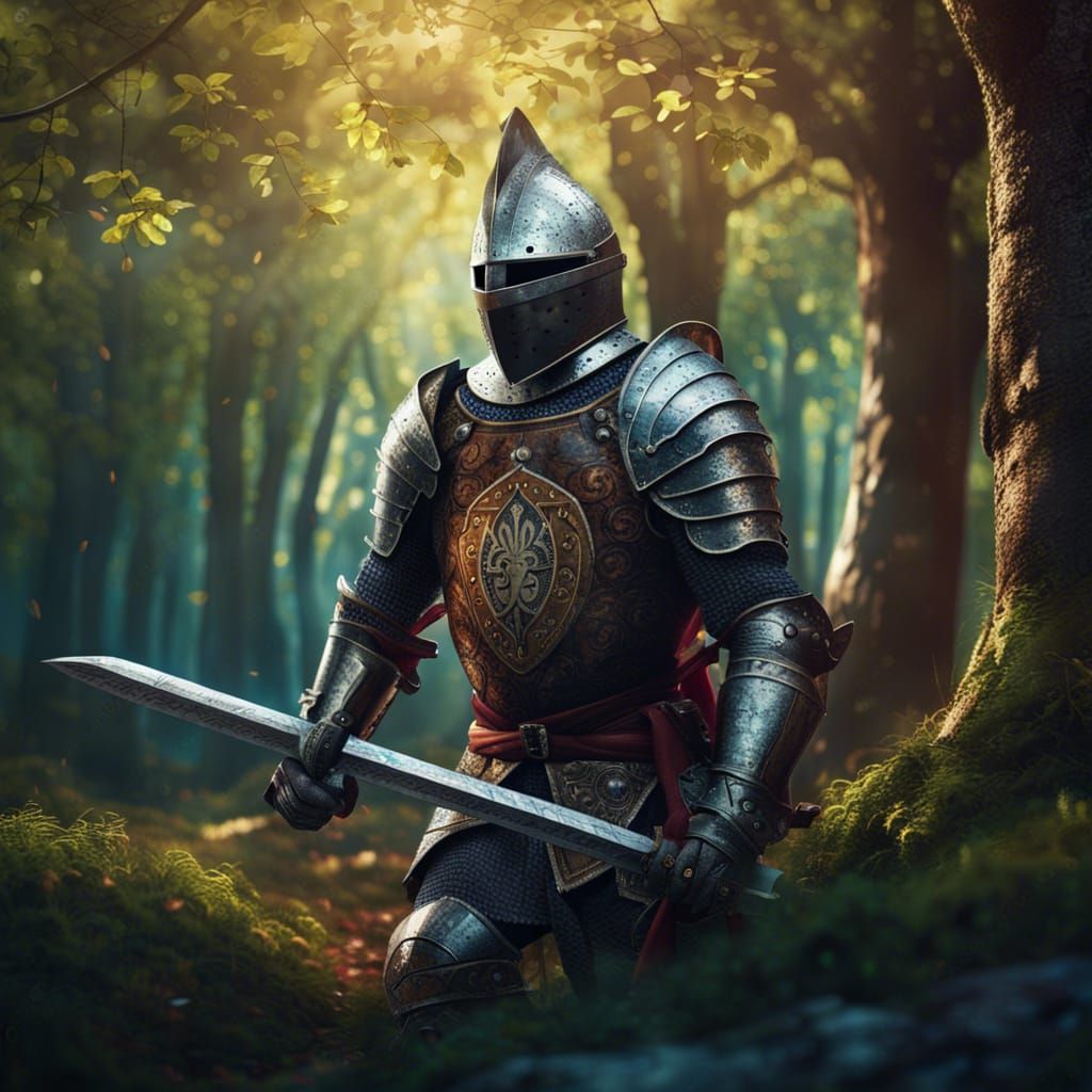 Medieval Knight in Spring Forest, Detailed Matte Painting