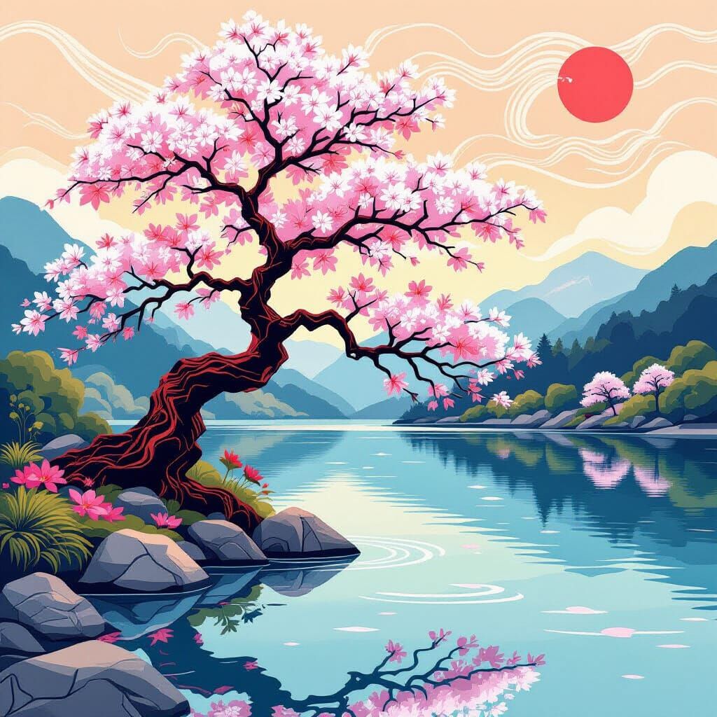 Cherry Blossom Wood Carving with Abstract Fractal Design