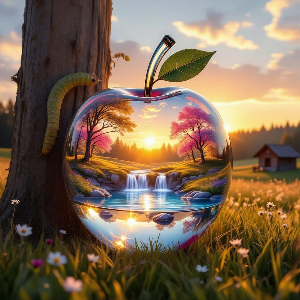 Glass Cherry in Glowing Meadow at Sunset