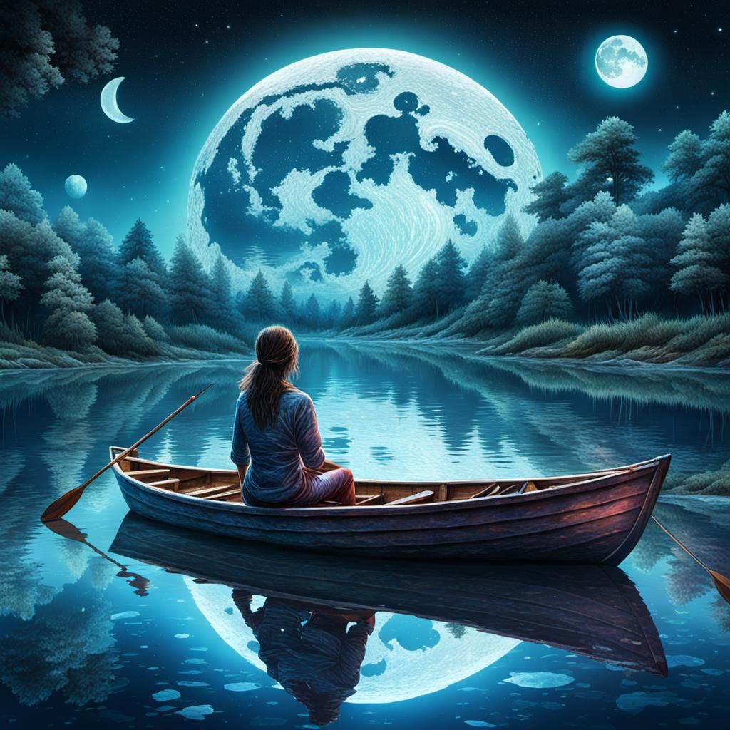 Woman in Boat on Lake at Night, Astral Illustration