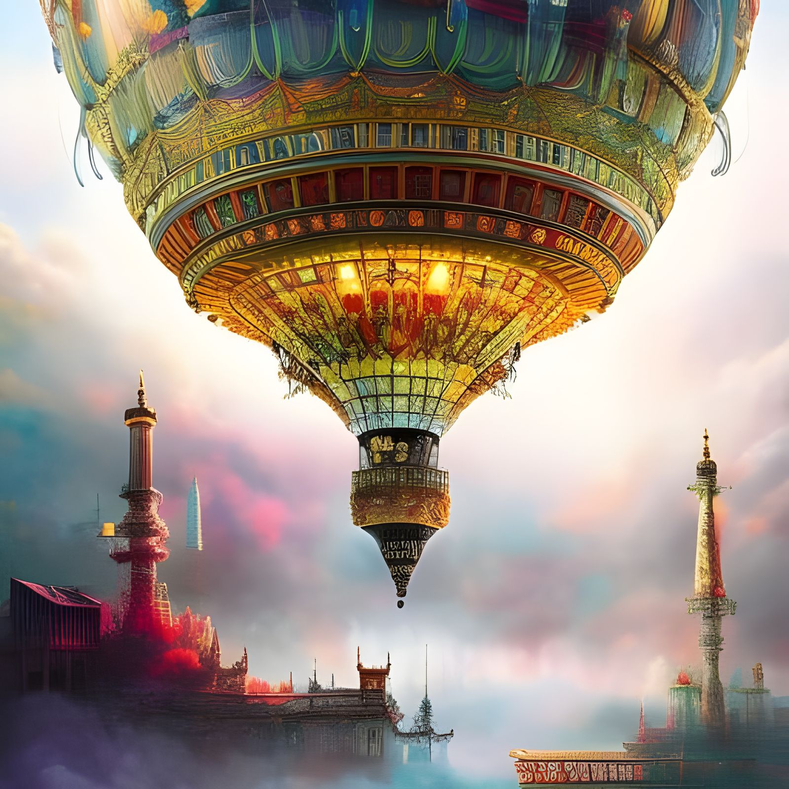 Ornate Hot Air Balloon Over Grand Canyon in Watercolor