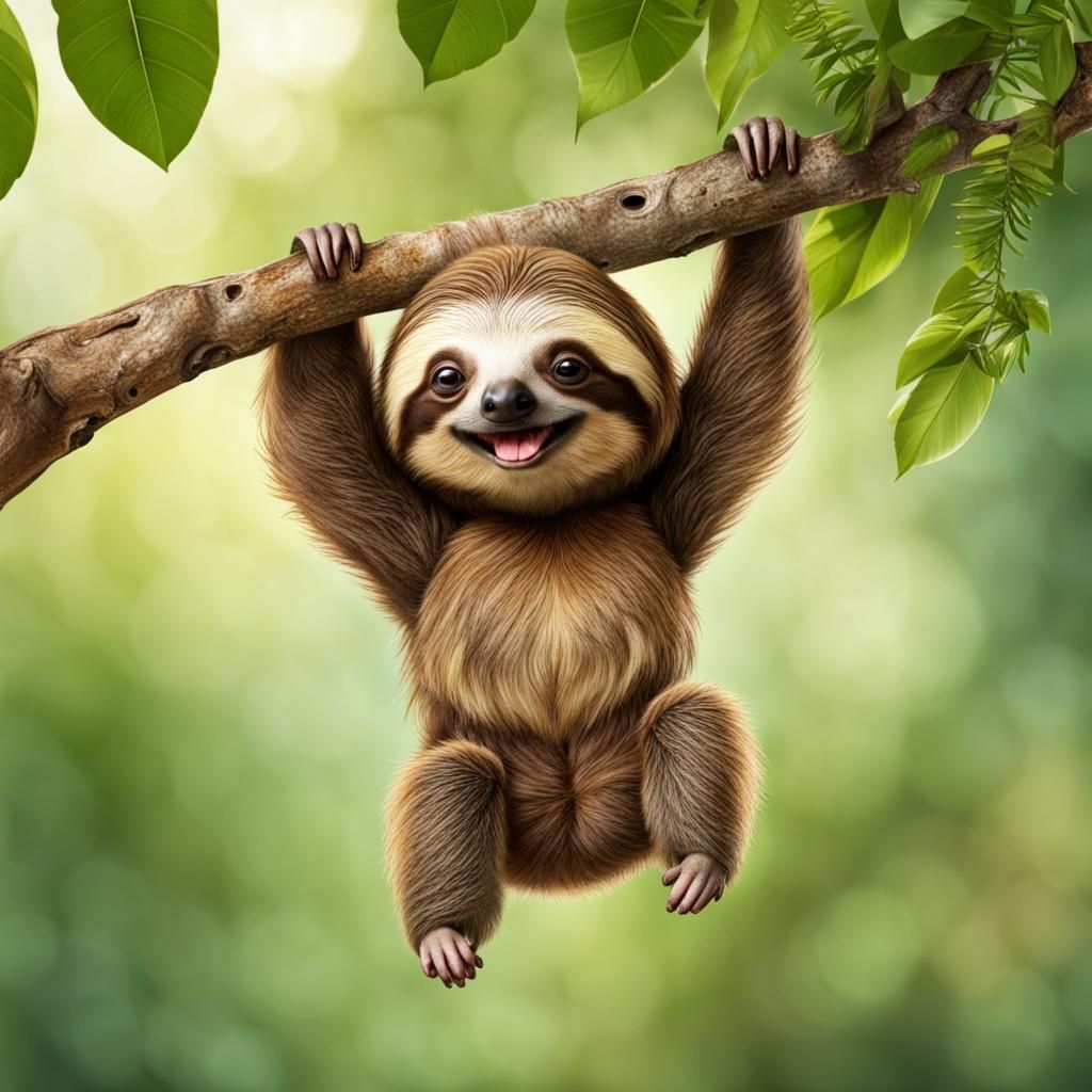 Laughing Baby Sloth in a Lush Landscape