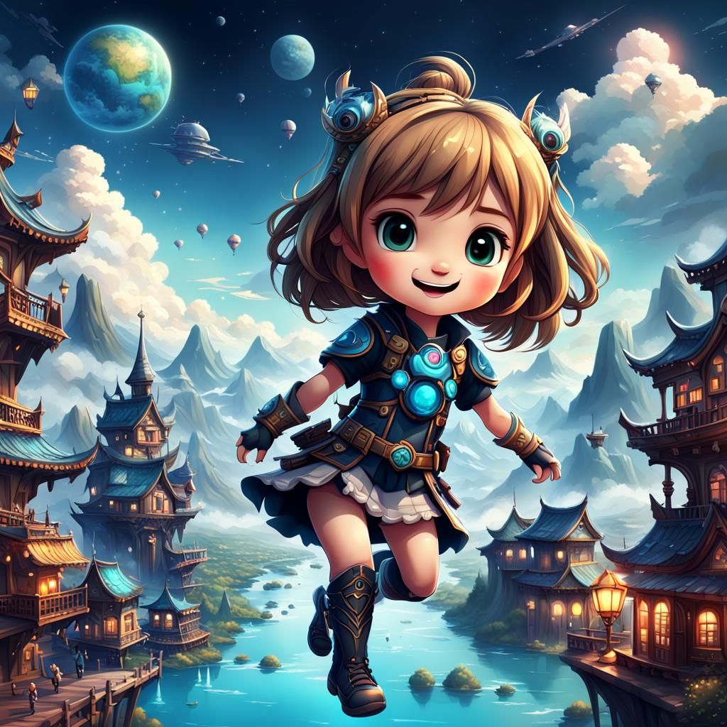 Charming Chibi Character with Breathtaking Views