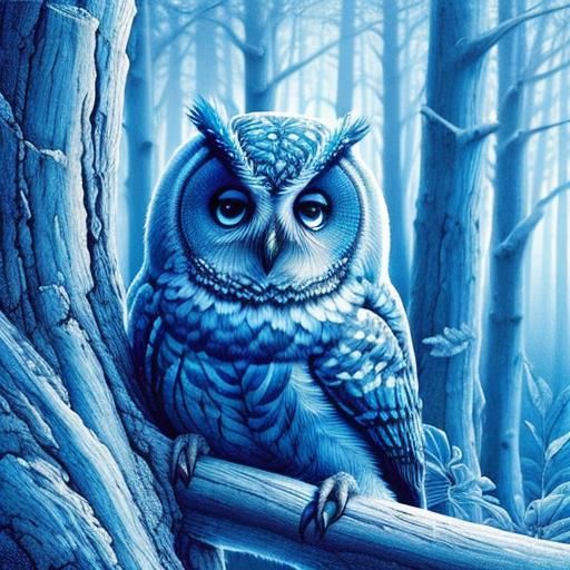 Blue Owl in Ethereal Blue Forest