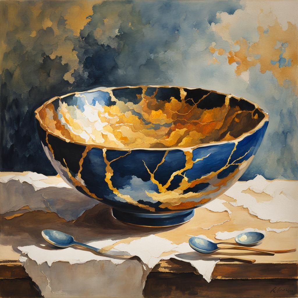 Kintsugi Bowl in Gouache and Watercolor Style