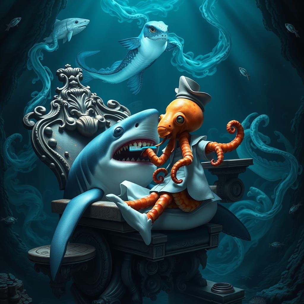 Shark in Victorian Dentist Chair, Cleaned by Shrimp Assistan...