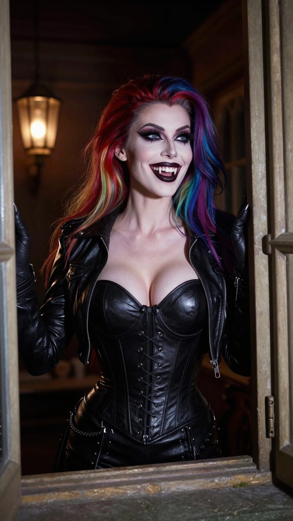 Vampire Vampiress with Rainbow Hair Outside Mansion