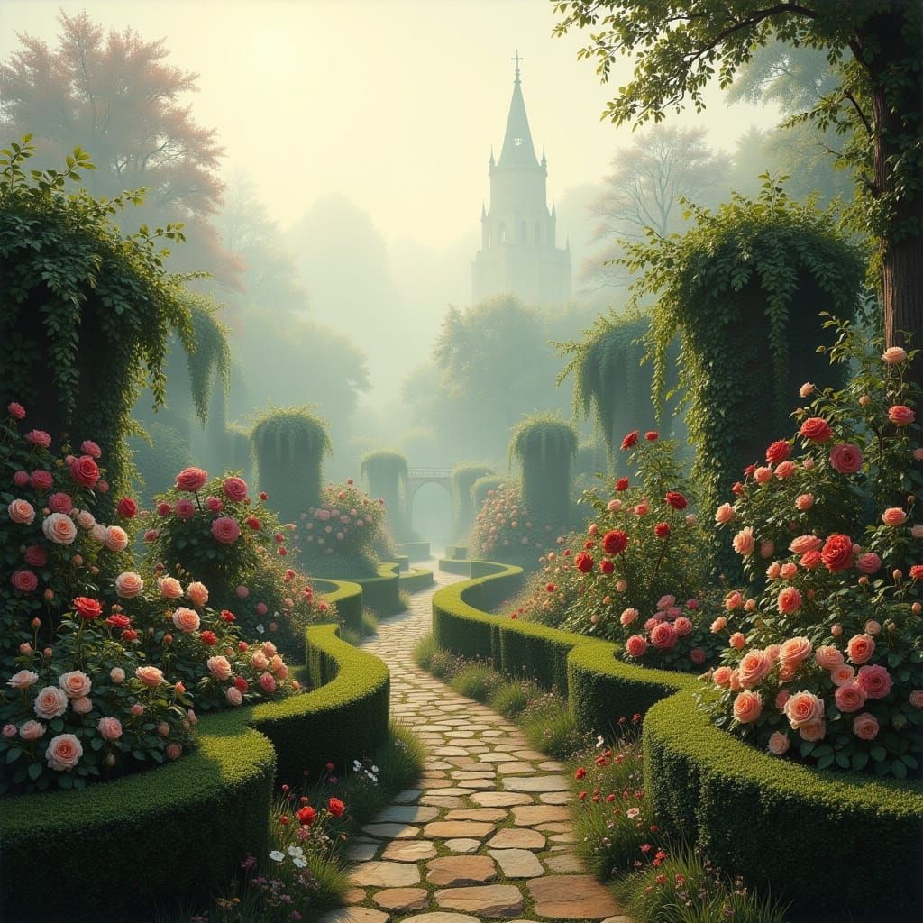 Ethereal English Garden Fog at Dawn