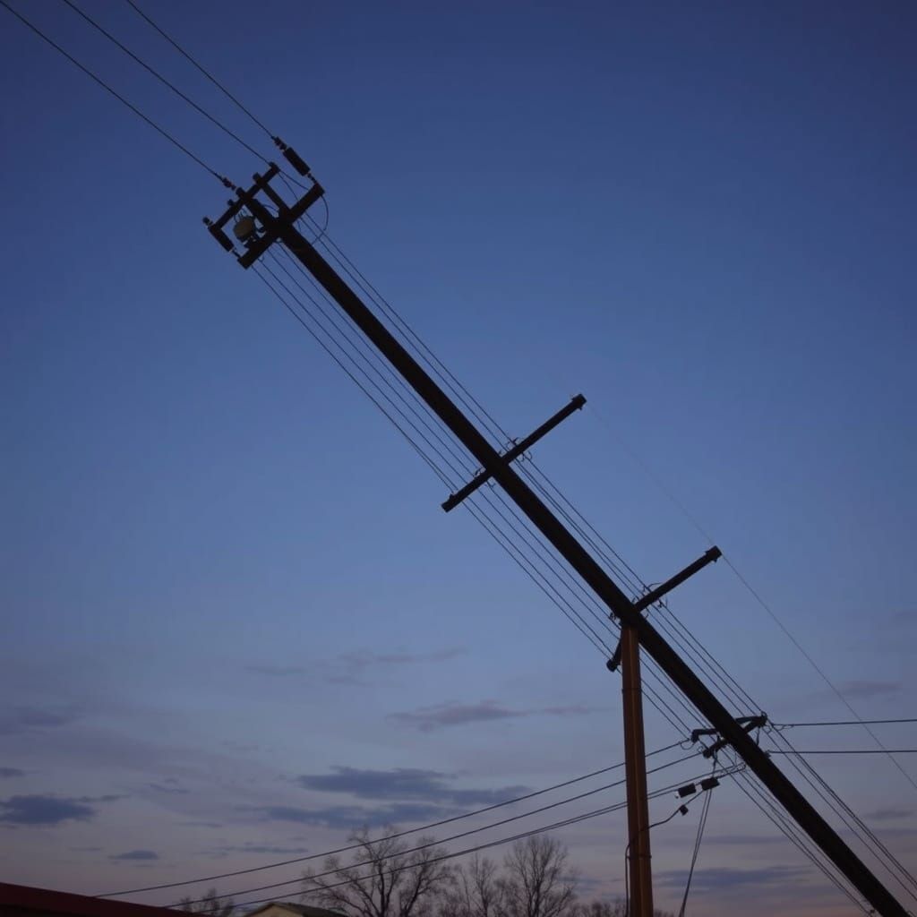 Telephone pole falling over, slanted sharply at a 45-degree ...
